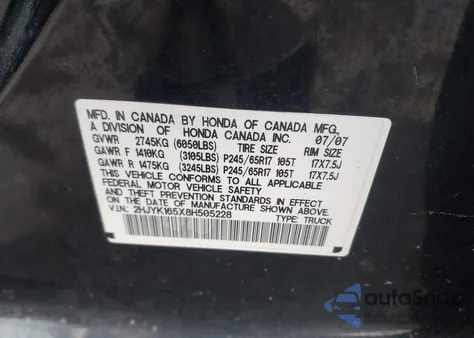 2008 Honda Ridgeline Rtl из США, поврежденный, VIN 2HJYK165X8H505228